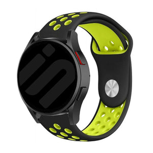 Silicone Sport Strap, black/yellow, on a watch, 3/4 front view