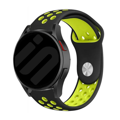 Silicone Sport Strap, black/yellow, on a watch, 3/4 front view