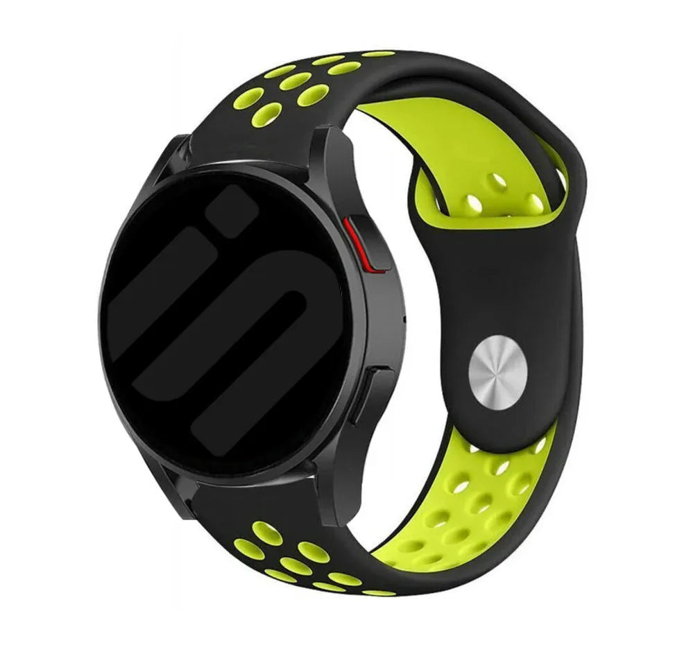 Silicone Sport Strap, black/yellow, on a watch, 3/4 front view