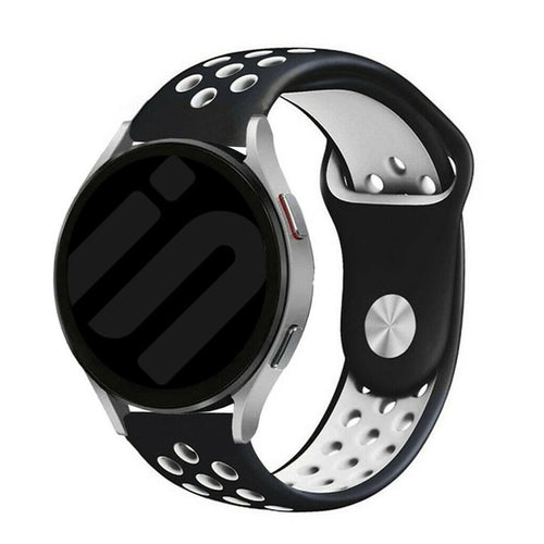 Silicone Sport Strap, black/white, on a watch, 3/4 front view
