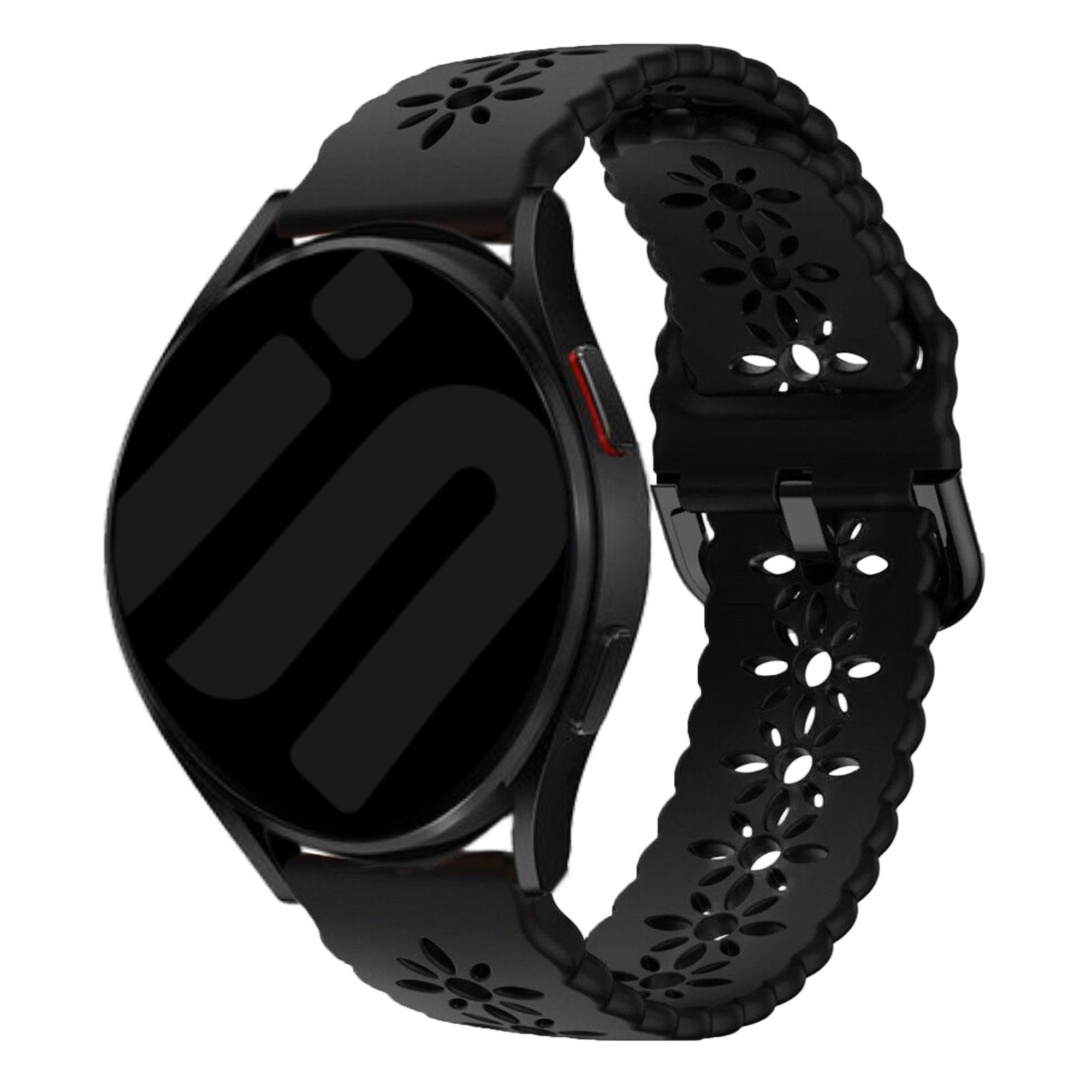 Patterned Silicone Strap, black, on a watch, 3/4 front view