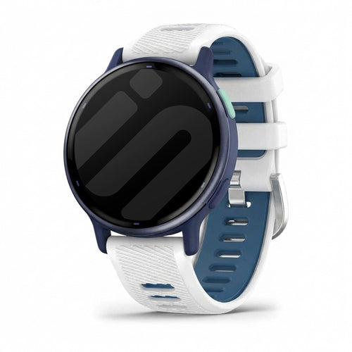 Silicone Buckled Sport Strap, white/blue, on a watch, 3/4 front view