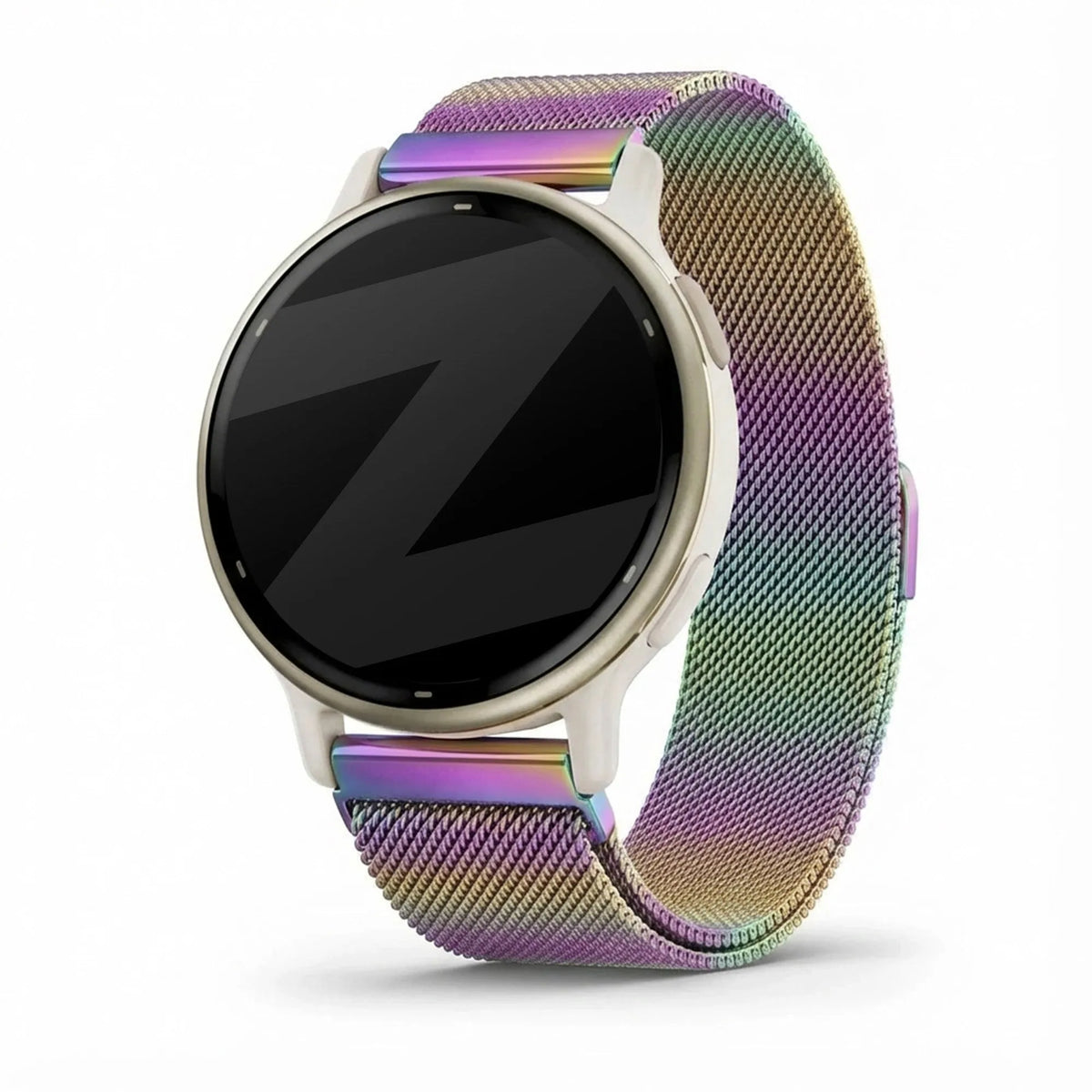 Milanese Loop Strap, on a watch, 3/4 front view