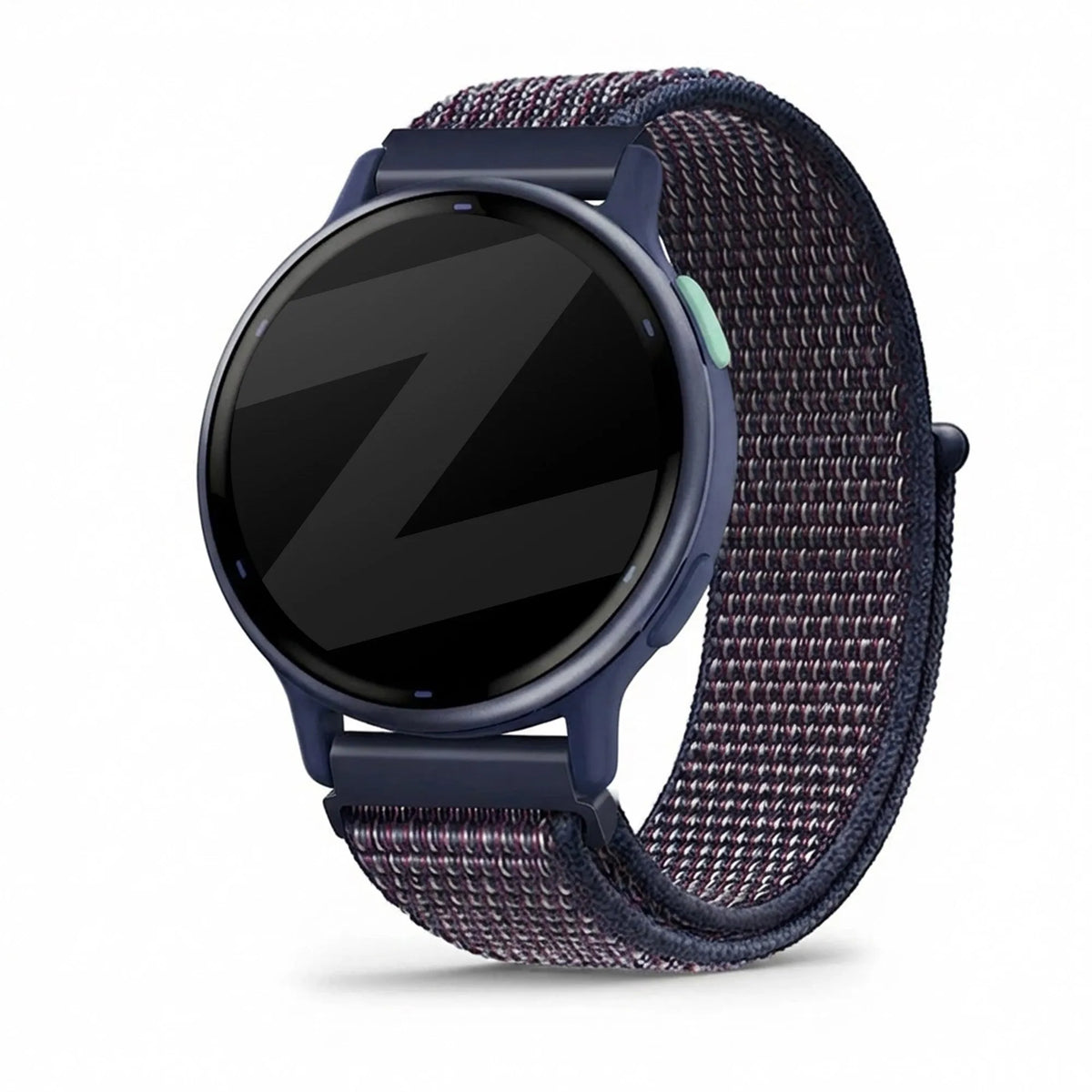 Nylon Loop Strap, indigo, on a watch, 3/4 front view