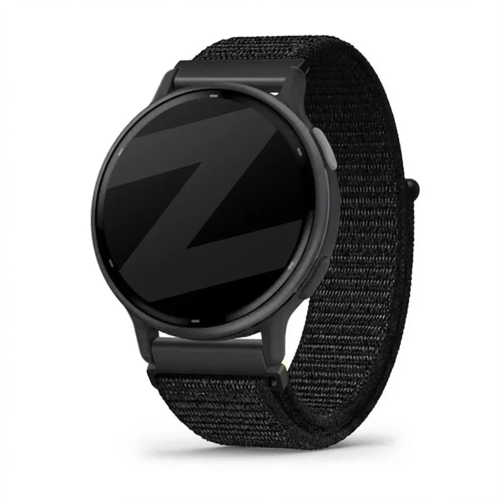 Nylon Loop Strap, black, on a watch, 3/4 front view