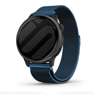 Milanese Strap, blue, on a watch, 3/4 front view