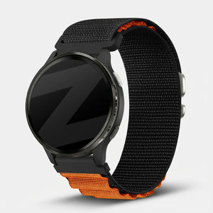 Nylon Alpine Strap, black/orange, on a watch, 3/4 front view