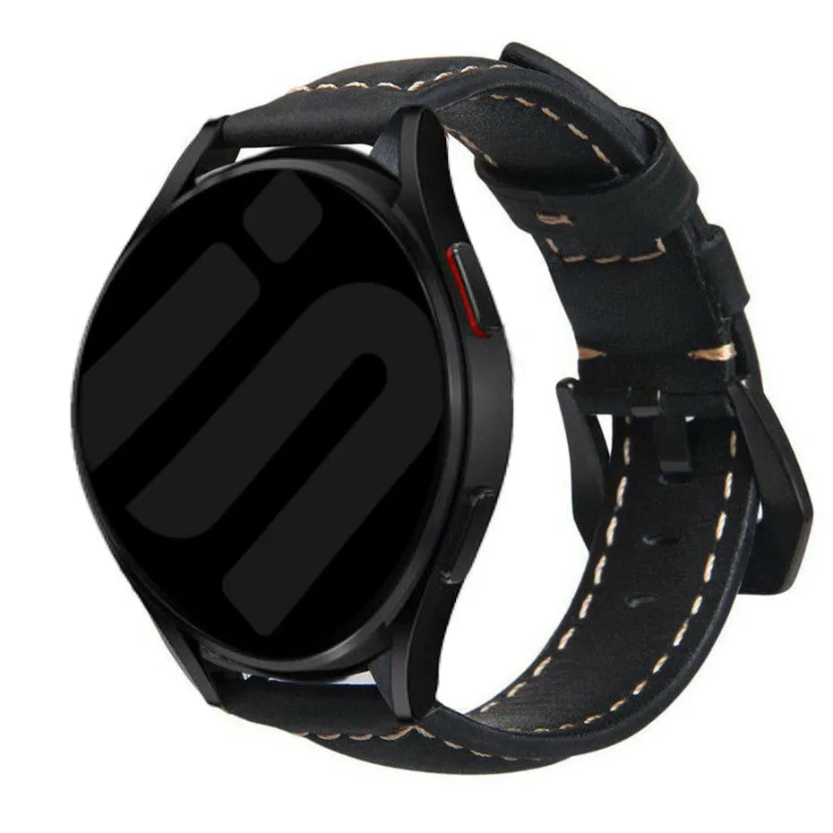 Leather Strap, black, on a watch, 3/4 front view