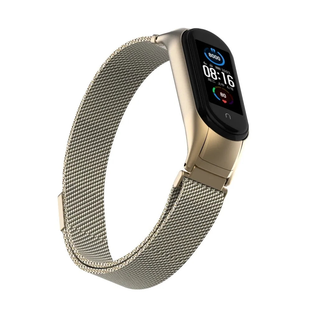Milanese Strap, gold, on a watch, 3/4 front view