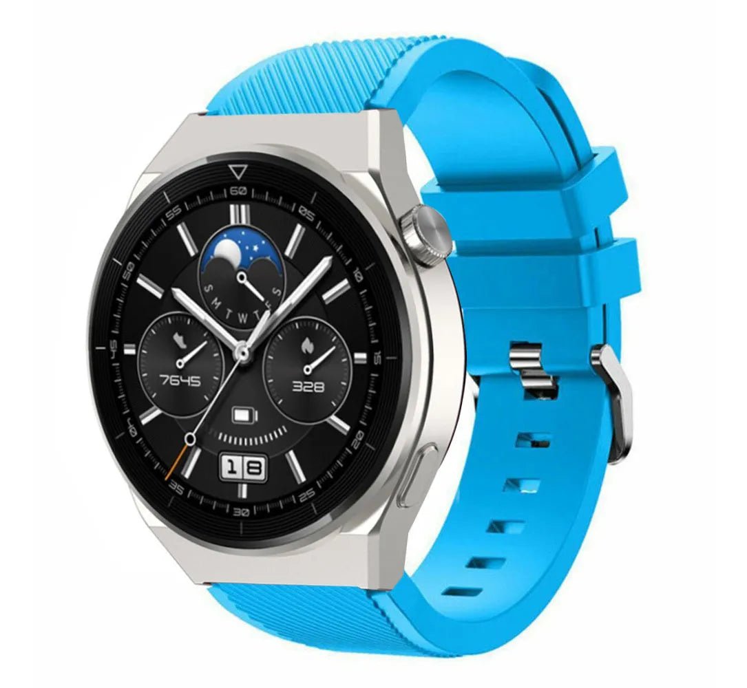 Twill Silicone Strap, light blue, on a watch, 3/4 front view
