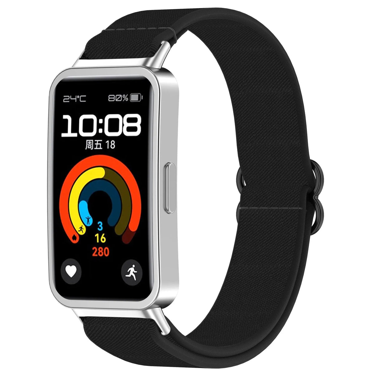 Nylon Elastic Strap, black, on a watch, 3/4 front view