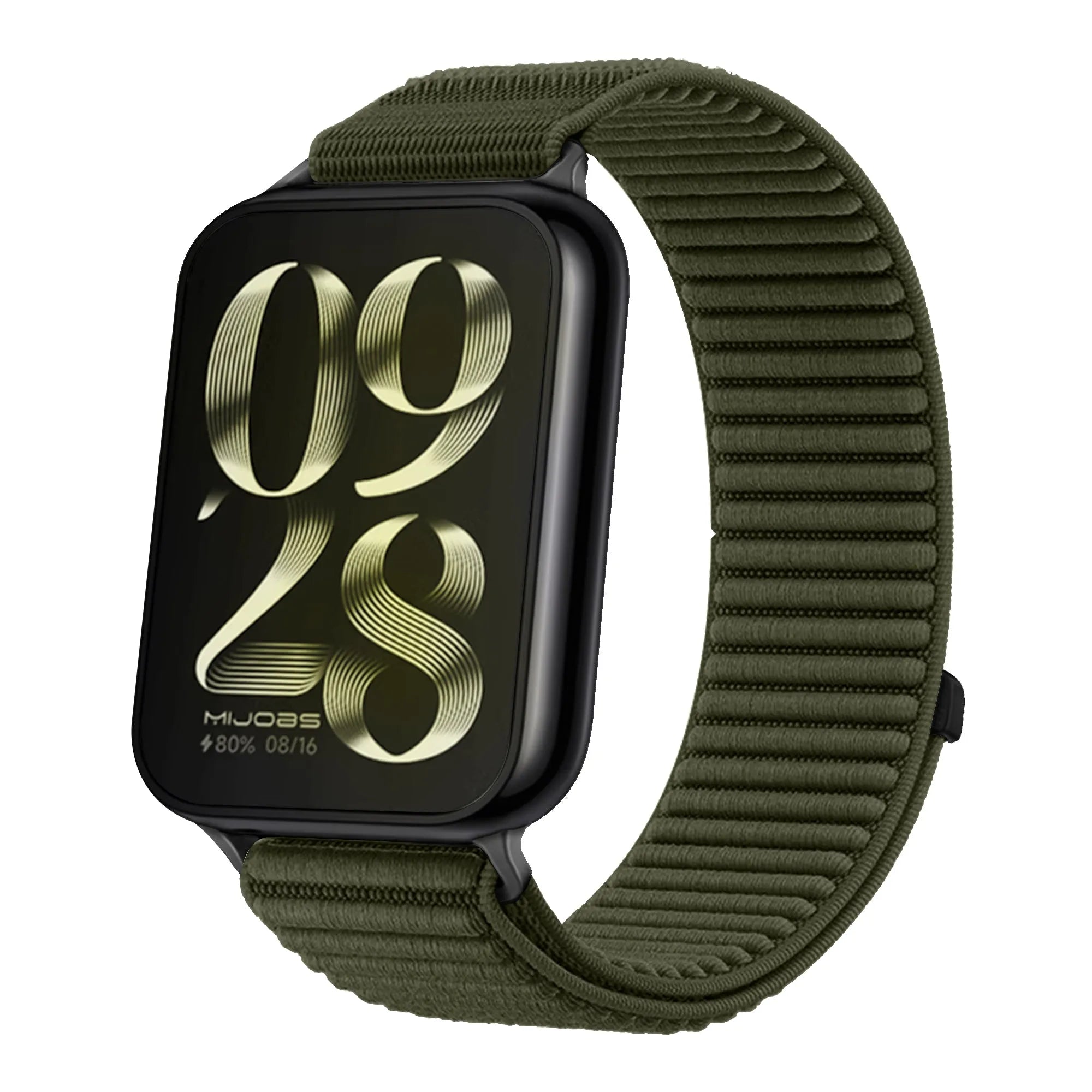 Wave Nylon Strap, dark green, on a watch, 3/4 front view