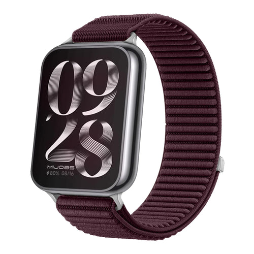 Wave Nylon Strap, plum, on a watch, 3/4 front view