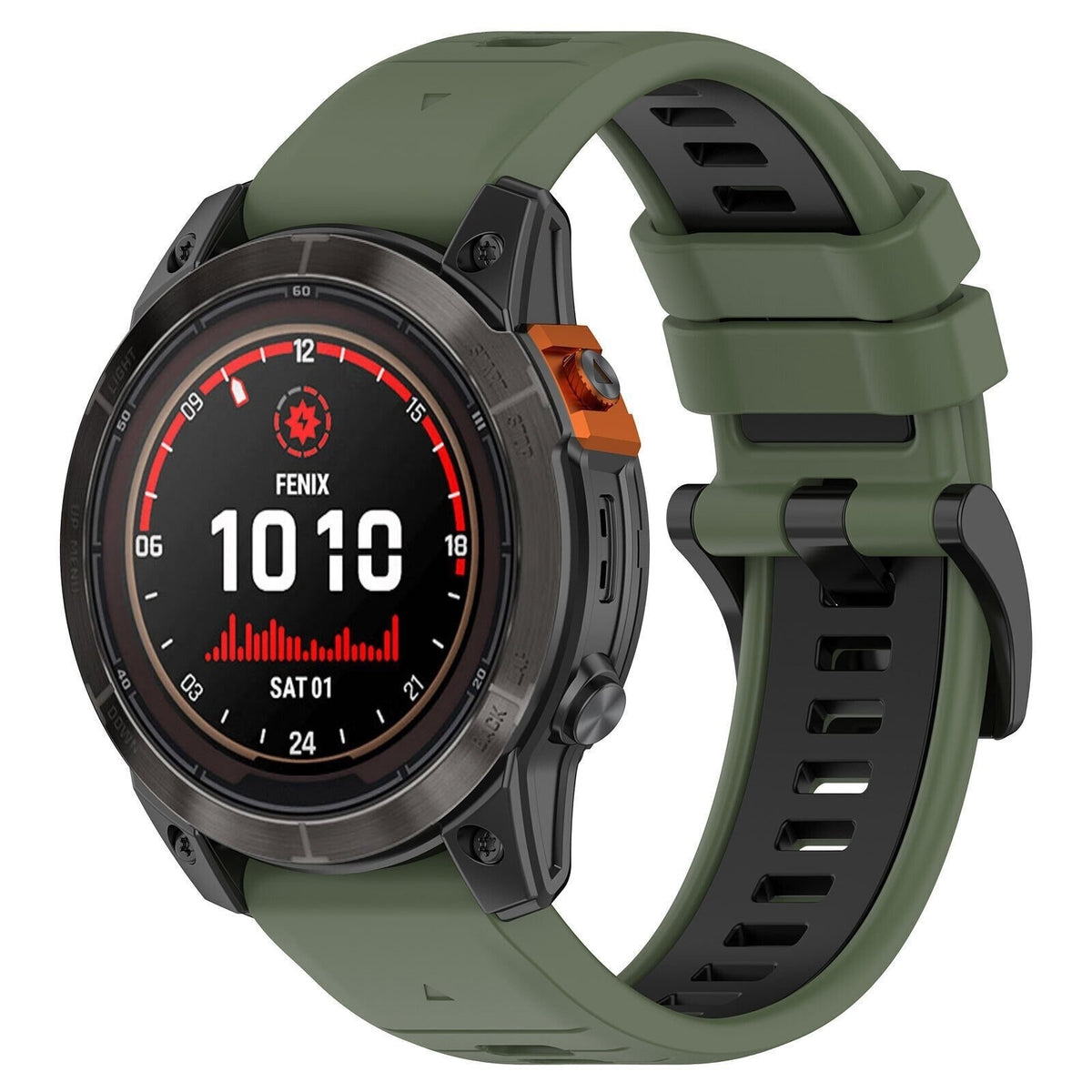 Silicone Buckled Sport Strap, olive green/black, on a watch, 3/4 front view