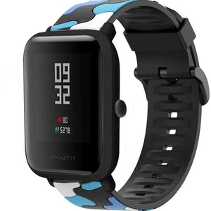Silicone Camo Strap, blue, on a watch, 3/4 front view