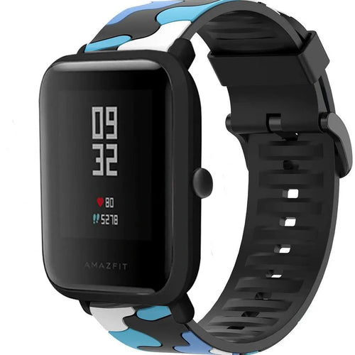 Silicone Camo Strap, blue, on a watch, 3/4 front view