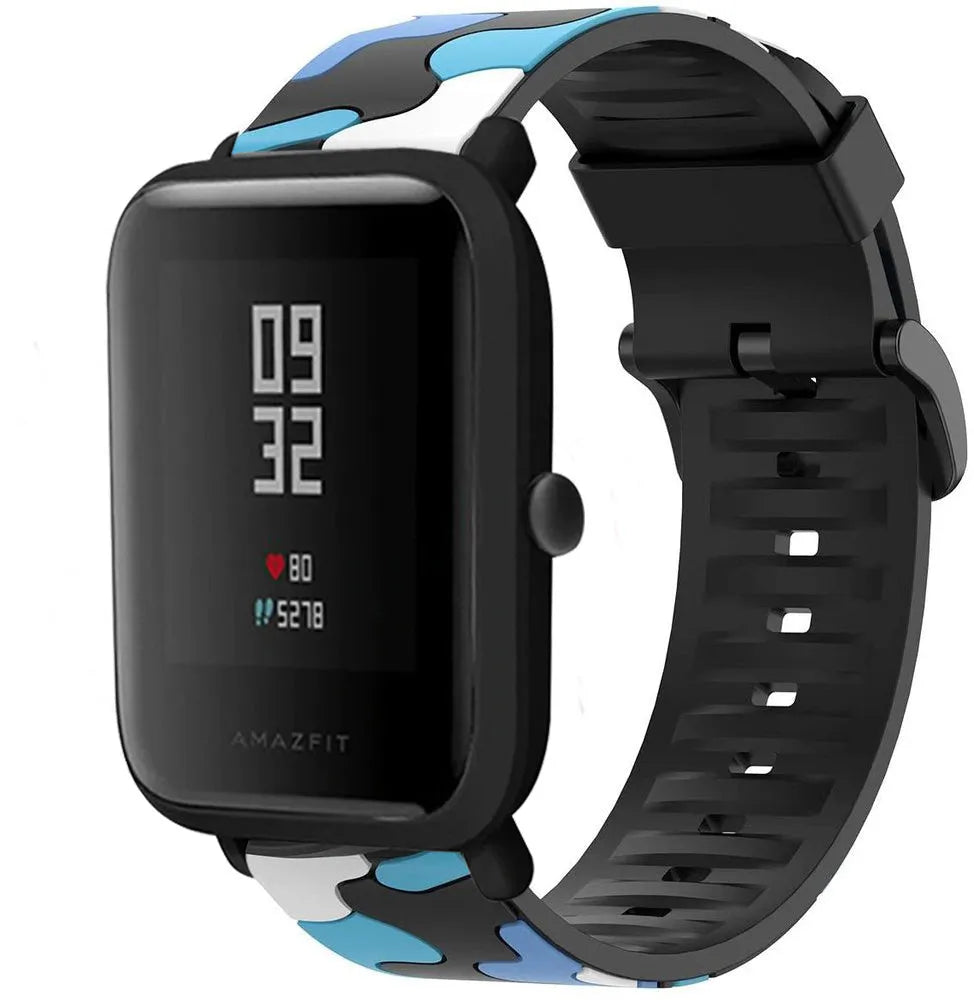 Silicone Camo Strap, blue, on a watch, 3/4 front view