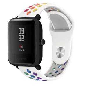 Silicone Sport Strap, white/colourful, on a watch, 3/4 front view
