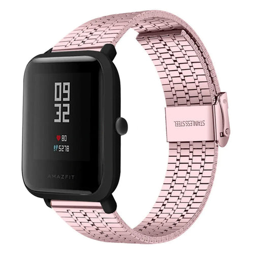 Fine Steel Strap, pink, on a watch, 3/4 front view