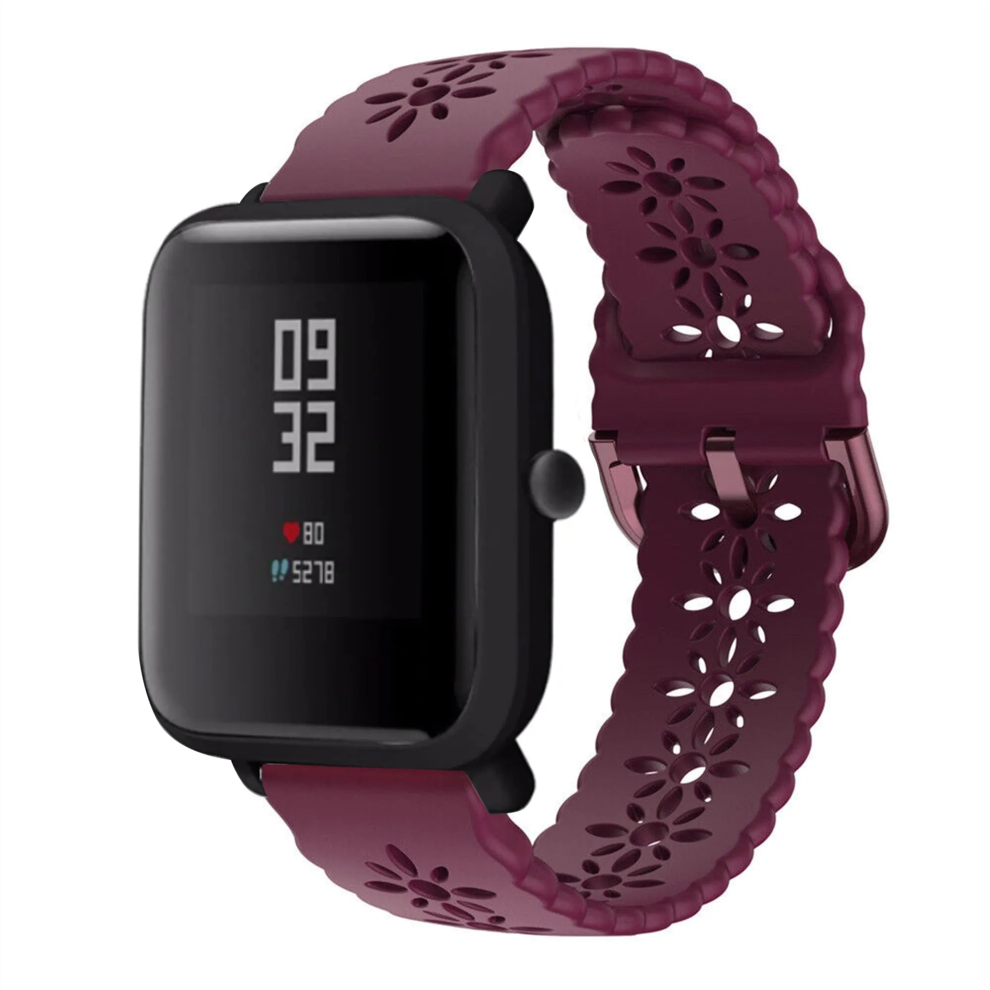 Patterned Silicone Strap, burgundy, on a watch, 3/4 front view