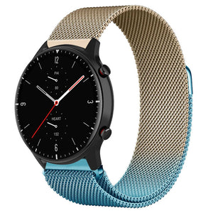Milanese Strap, blue/gold, on a watch, 3/4 front view