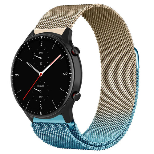 Milanese Strap, blue/gold, on a watch, 3/4 front view