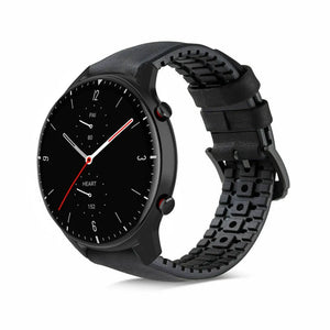 Leather Hybrid Strap, black, on a watch, 3/4 front view