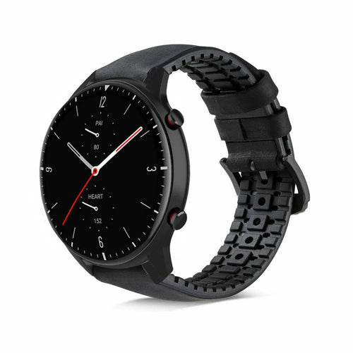 Leather Hybrid Strap, black, on a watch, 3/4 front view
