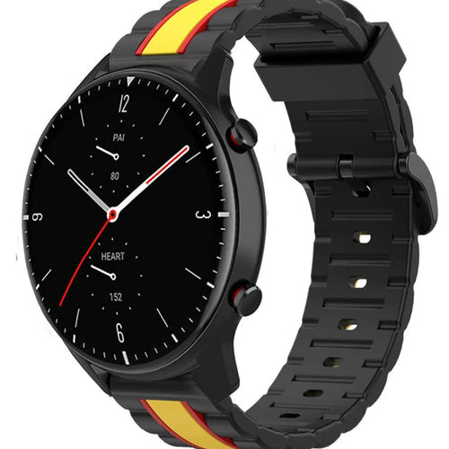 Silicone Special Edition Strap, black/yellow, on a watch, 3/4 front view