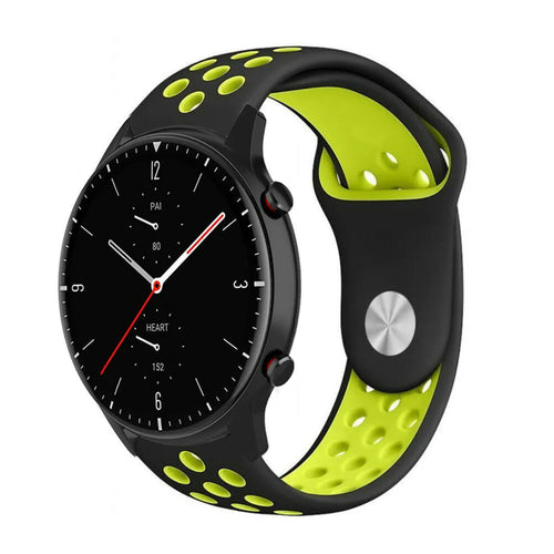 Silicone Sport Strap, black/yellow, on a watch, 3/4 front view