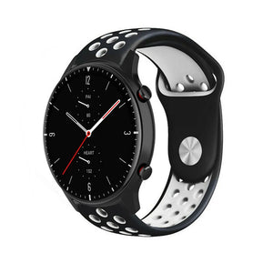 Silicone Sport Strap, black/white, on a watch, 3/4 front view