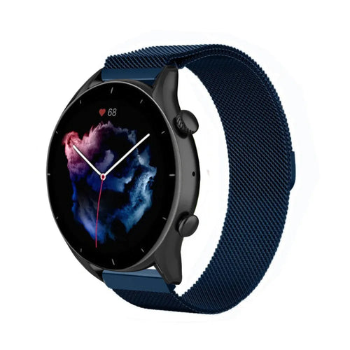 Milanese Strap, blue, on a watch, 3/4 front view