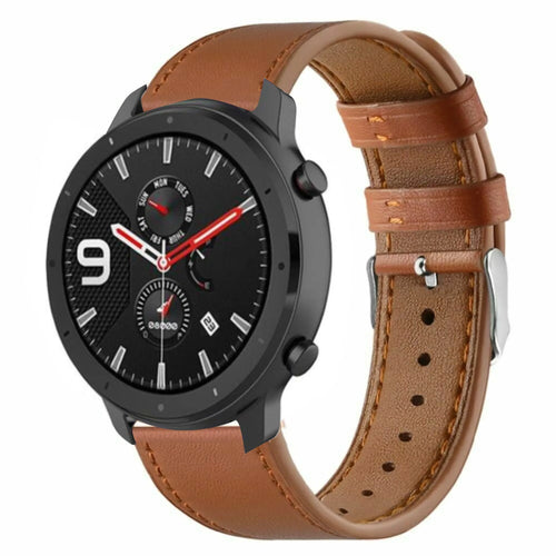 Modern Leather Strap, brown, on a watch, 3/4 front view
