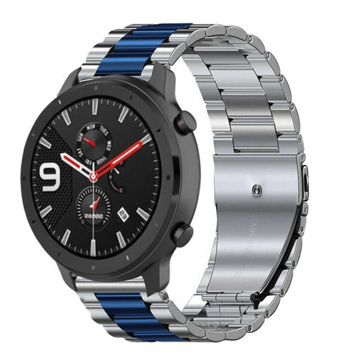 Steel Strap, silver/blue, on a watch, 3/4 front view