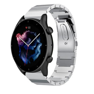 Premium Metal Strap, silver, on a watch, 3/4 front view