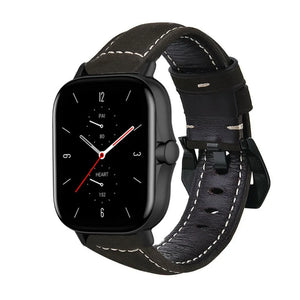 Leather Strap, black, on a watch, 3/4 front view