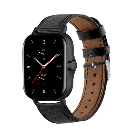 Modern Leather Strap, black, on a watch, 3/4 front view
