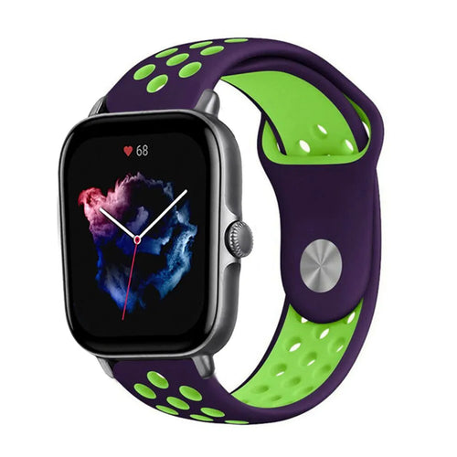 Silicone Sport Strap, purple/green, on a watch, 3/4 front view