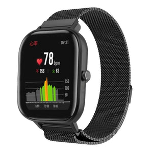 Milanese Strap, black, on a watch, 3/4 front view