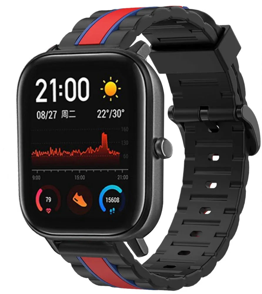 Silicone Special Edition Strap, black/red, on a watch, 3/4 front view