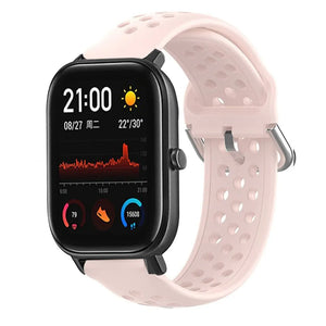 Breathable Silicone Strap, pink, on a watch, 3/4 front view