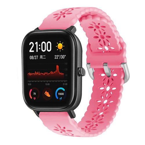 Patterned Silicone Strap, bright pink, on a watch, 3/4 front view