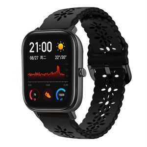 Patterned Silicone Strap, black, on a watch, 3/4 front view