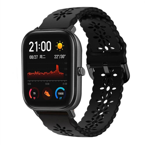 Patterned Silicone Strap, black, on a watch, 3/4 front view