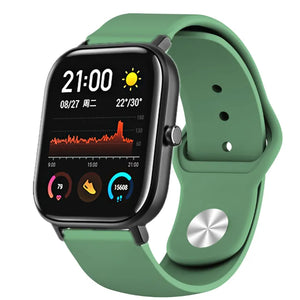 Silicone Sport Strap, army green, on a watch, 3/4 front view