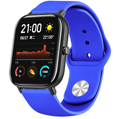 Silicone Sport Strap, blue, on a watch, 3/4 front view