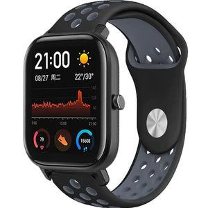 Silicone Sport Strap, black/grey, on a watch, 3/4 front view