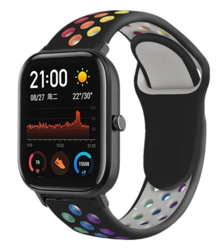 Silicone Sport Strap, black/colourful, on a watch, 3/4 front view