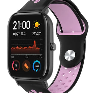 Silicone Sport Strap, black/pink, on a watch, 3/4 front view