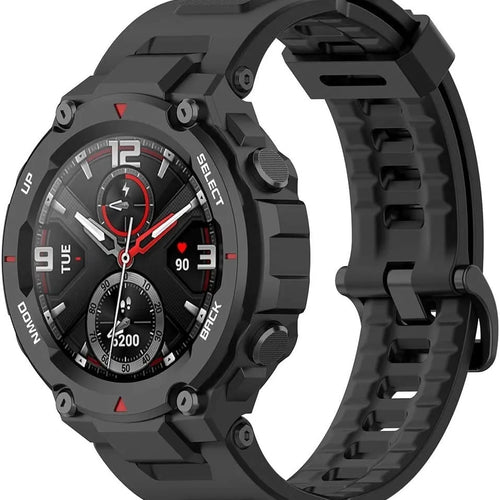 Silicone Strap, black, on a watch, 3/4 front view